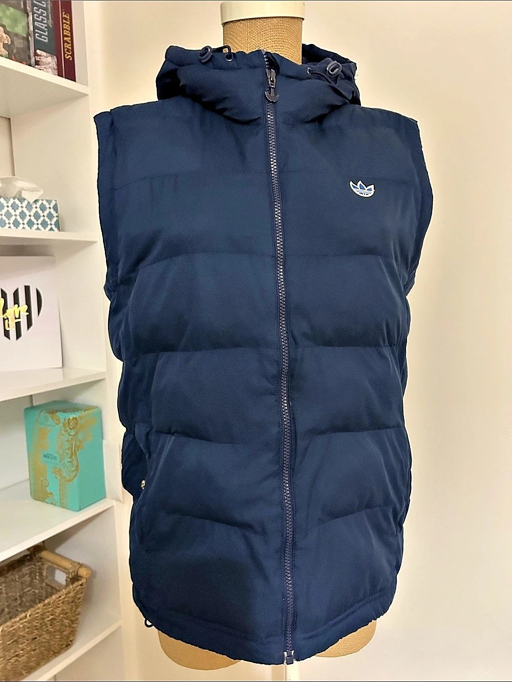 Adidas Men's Puffer Vest with Hood in Blue Size Medium.